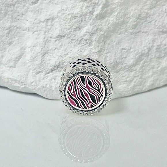 Pandora Pink Zebra-Stripe Bead Charm S925 Silver Charm - Picture 1 of 4